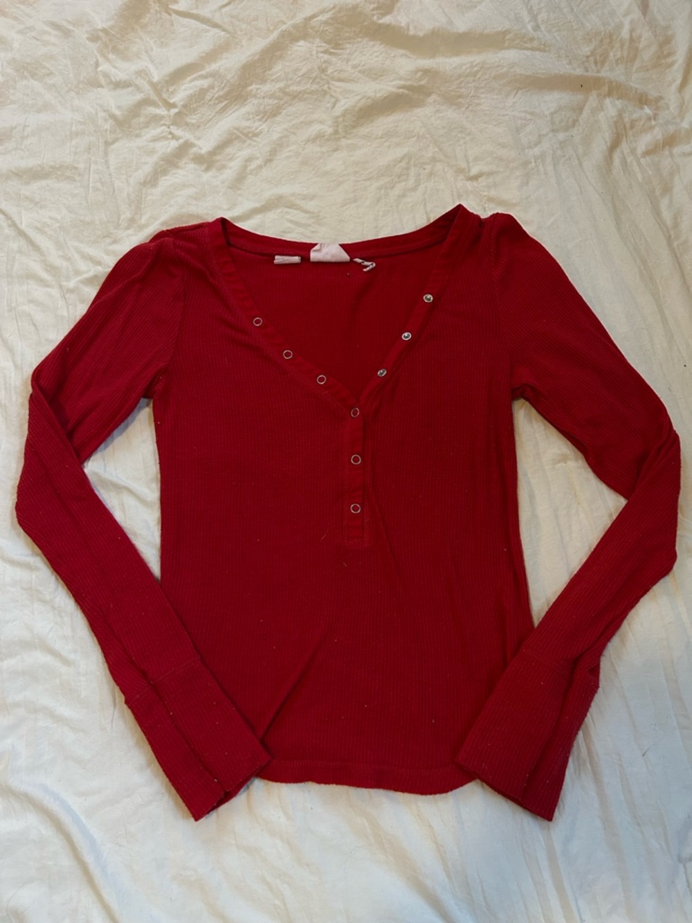 Urban Outfitters Red Ribbed Long-Sleeve Henley Top